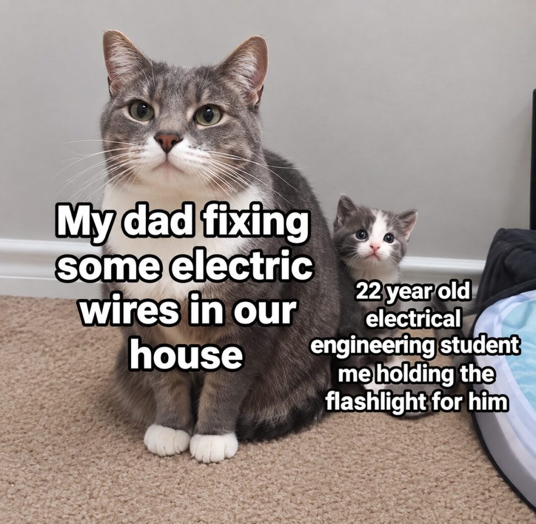 My dad fixing the wires while I provide my expert electrical engineering support